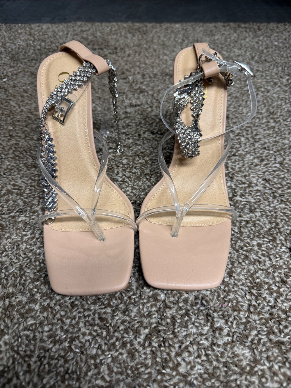 Nude Crystal-Strap Women's Square-Toe Sandals